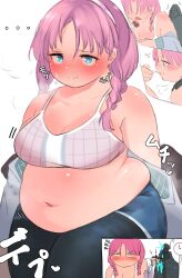 Rule 34 | ..., 1girl, puff of air, absurdres, arknights, blue eyes, blue poison (arknights), blue poison (shoal beat) (arknights), blush, breasts, cleavage, closed mouth, collarbone, commentary request, commission, cowboy shot, doctor (arknights), fat, hair between eyes, highres, large breasts, long hair, looking at viewer, medium breasts, muffin top, multiple views, navel, nimo (b45ui), open mouth, pink hair, ponytail, simple background, skeb commission, speech bubble, split mouth, spoken object, sweat, thick thighs, thighs, translation request, white background