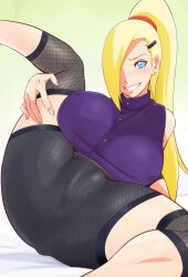 1girl ass blonde_hair blue_eyes boruto:_naruto_next_generations breasts closed_mouth covered_erect_nipples female_focus highres huge_breasts long_hair naruto_(series) naruto_shippuuden ponytail smile sunahara_wataru yamanaka_ino