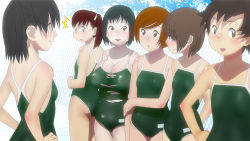 Rule 34 | 6+girls, bad id, black hair, blush, breast envy, breasts, brown eyes, brown hair, bursting breasts, female focus, flat chest, green one-piece swimsuit, huge breasts, mole, multiple girls, one-piece swimsuit, rokusho, school swimsuit, short hair, skindentation, smile, surprised, swimsuit, tight clothes, torn clothes
