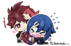 Rule 34 | &gt; &lt;, 2boys, alcryst (fire emblem), artist name, black jacket, blue hair, box, bright pupils, brothers, chibi, closed mouth, dated, diamant (fire emblem), fire emblem, fire emblem engage, flying sweatdrops, gift, gift box, gloves, hair ornament, hairclip, heart, holding, holding gift, jacket, long sleeves, male focus, multiple boys, nintendo, open mouth, red eyes, red hair, ryoto soukyuu, siblings, simple background, smile, wavy mouth, white background, white gloves, white pupils