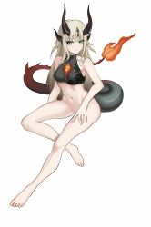 Rule 34 | 1girl, absurdres, arknights, bare shoulders, barefoot, black bra, blonde hair, blush, bottomless, bra, collarbone, convenient hand, dragon girl, dragon horns, dragon tail, flame-tipped tail, green eyes, hair ornament, highres, horns, invisible chair, long hair, looking at viewer, moyu (user fdkc7273), navel, reed (arknights), ribbed bra, simple background, sitting, solo, tail, underwear, white background