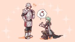 Rule 34 | !?, 1boy, 1girl, armor, bad id, bad twitter id, black footwear, black legwear, black pants, boots, byleth (female) (fire emblem), byleth (fire emblem), cape, commentary, engagement ring, english commentary, fire emblem, fire emblem: three houses, gatekeeper (fire emblem), green hair, helmet, hetero, hoshigaki (hsa16g), jewelry, medium hair, nintendo, on one knee, ornate ring, pants, pink background, pointing, pointing at self, marriage proposal, ring, shorts, simple background, sparkle, spoken object, surprised