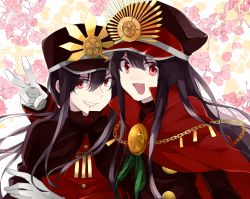 Rule 34 | 1boy, 1girl, 310 (satopoppo), :d, black cape, black hair, black headwear, cape, chain, fate/grand order, fate (series), floral background, gloves, grin, hat, long hair, looking at viewer, military hat, oda nobukatsu (fate), oda nobunaga (fate), oda nobunaga (koha-ace), open mouth, red cape, red eyes, sidelocks, smile, upper body, v, very long hair, white gloves