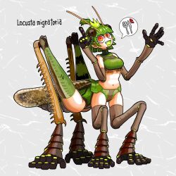 1girl antennae arthropod_girl arthropod_limbs commentary_request fang full_body green_hair grey_background highres locust looking_at_viewer monster_girl nicoq_(koikoihaihai) orange_eyes original short_hair solo