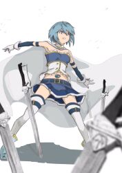 Rule 34 | 1girl, belt, blue eyes, blue footwear, blue hair, blue skirt, blurry, boots, cape, clenched teeth, depth of field, detached sleeves, gloves, highres, looking to the side, magical girl, mahou shoujo madoka magica, mahou shoujo madoka magica (anime), midriff, miki sayaka, navel, no nose, oishiibou, outstretched arms, planted, planted sword, planted weapon, shadow, short hair, skirt, solo, soul gem, spread arms, spread legs, standing, sword, teeth, thighhighs, weapon, white cape, white gloves, white thighhighs