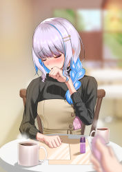 Rule 34 | 1girl, absurdres, black sweater, blue hair, blurry, blurry background, blurry foreground, blush, bottle, braid, braided ponytail, chair, clenched hands, closed eyes, coffee, controller, cup, drink, ear blush, embarrassed, female focus, hair ornament, hair over shoulder, hairclip, hand to own mouth, hand up, highres, holding, holding remote control, indoors, lize helesta, long hair, long sleeves, mug, multicolored hair, nijisanji, nonoki (nonogi0), nose blush, on chair, open mouth, paper, pov, public indecency, remote control, remote control vibrator, ribbed sweater, sex toy, single braid, sitting, solo focus, steam, sweat, sweater, table, textless version, two-tone hair, upper body, vibrator, virtual youtuber