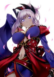 Rule 34 | 1girl, blue eyes, breasts, detached sleeves, earrings, fate/grand order, fate (series), from below, glint, hagure neko, hair ornament, highres, japanese clothes, jewelry, katana, kimono, large breasts, looking at viewer, miyamoto musashi (fate), navel, obi, petals, ponytail, sash, simple background, smile, solo, sword, weapon, white background