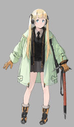 Rule 34 | 1girl, aqua eyes, black jacket, black necktie, blonde hair, brown gloves, closed mouth, gloves, green jacket, grey background, grey skirt, highres, hirooka masaki, holding, holding pickaxe, jacket, long hair, necktie, original, pickaxe, simple background, skirt, smile, solo, standing, twintails, zipper, zipper pull tab