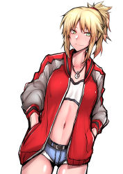 Rule 34 | 1girl, absurdres, blonde hair, breasts, closed mouth, cowboy shot, fate/apocrypha, fate/grand order, fate (series), gggg, green eyes, hair ribbon, hands in pockets, highres, jacket, jewelry, looking at viewer, medium breasts, mordred (fate), mordred (fate/apocrypha), mordred (memories at trifas) (fate), navel, necklace, open clothes, open jacket, ponytail, red ribbon, ribbon, short shorts, shorts, smile, solo, stomach, strapless, tomboy, tube top