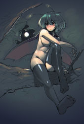 Rule 34 | 1girl, anchors (mono eye os), antennae, backlighting, black thighhighs, blush, branch, breasts, cape, convenient censoring, from below, full moon, green hair, highres, in tree, leg up, looking down, moon, moonlight, naked cape, night, night sky, nude, red eyes, short hair, sitting, sitting in tree, sky, smile, solo, stomach, thighhighs, thighs, toes, touhou, tree, wriggle nightbug