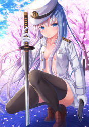 Rule 34 | 1girl, black thighhighs, blue eyes, blue sky, blurry, blurry background, blush, brown footwear, cherry blossoms, closed mouth, cloud, collarbone, collared shirt, flat cap, gloves, hair between eyes, hair ornament, hat, head tilt, hibiki (kancolle), highres, holding, holding sheath, holding sword, holding weapon, kantai collection, katana, kyuupura, loafers, long hair, long sleeves, looking at viewer, no bra, peaked cap, petals, petals on liquid, pocket, ripples, sheath, shiny skin, shirt, shoes, sidelocks, silver hair, skindentation, skirt, sky, smile, solo, squatting, standing, standing on liquid, stomach, sword, thighhighs, thighs, unbuttoned, unbuttoned shirt, very long hair, weapon, white gloves, white shirt