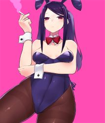 Rule 34 | 1girl, absurdres, alternate costume, animal ears, between fingers, black bow, black bowtie, black pantyhose, bow, bowtie, breasts, cigarette, covered navel, detached collar, fake animal ears, from below, highleg, highleg leotard, highres, holding, holding cigarette, jill stingray, leotard, long hair, pantyhose, pink background, playboy bunny, purple hair, purple leotard, rabbit ears, red eyes, side-tie leotard, sidelocks, simple background, small breasts, smoke, smoking, solo, strapless, strapless leotard, thighband pantyhose, traditional bowtie, twintails, va-11 hall-a, wrist cuffs, yanagui