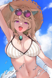 Rule 34 | 1girl, absurdres, animal ear fluff, arknights, armpits, bikini, blue sky, breasts, brown hair, cleavage, eyewear on head, highres, jewelry, midriff, necklace, open mouth, puranetto (vjun4748), purple eyes, sky, smile, solo, striped bikini, striped clothes, swimsuit, upper body, utage (arknights), utage (summer flowers) (arknights), water