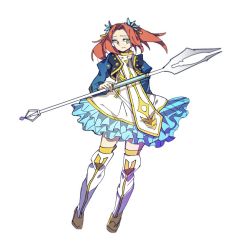 Rule 34 | 1girl, boots, dress, eleanor hume, frills, green eyes, hair ornament, highres, jacket, long hair, orange hair, polearm, spear, tales of (series), tales of berseria, thigh boots, thighhighs, twintails, weapon