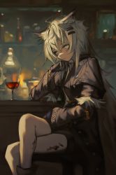 Rule 34 | 1girl, animal ears, arknights, closed mouth, crossed legs, drink, female focus, gloves, hand on own chin, highres, lappland (arknights), lappland (refined horrormare) (arknights), long hair, long sleeves, material growth, official alternate costume, oripathy lesion (arknights), shorts, silver hair, sitting, solo, veilrain, wolf ears