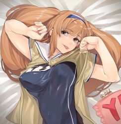 Rule 34 | 1girl, breasts, brown eyes, brown shirt, fuwafuwatoufu, hairband, highres, i-26 (kancolle), kantai collection, large breasts, light brown hair, long hair, looking at viewer, lying, name tag, new school swimsuit, one-hour drawing challenge, open clothes, open shirt, sailor collar, school swimsuit, shirt, short sleeves, solo, swimsuit, swimsuit under clothes, tongue, tongue out, two-tone hairband, two side up, upper body