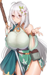 Rule 34 | 1girl, absurdres, aged up, alternate breast size, alternate hair length, alternate hairstyle, bare shoulders, breasts, bridal gauntlets, closed mouth, detached sleeves, green sleeves, hair between eyes, highres, holding, holding staff, huge breasts, kokkoro (princess connect!), komainu (yamaha1997), long hair, princess connect!, red eyes, see-through, see-through sleeves, simple background, smile, solo, staff, thighs, white background, white hair