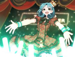 Rule 34 | 10s, 1girl, :d, blush, brown eyes, curtains, dress, glowstick, green hair, hitoto, idolmaster, idolmaster million live!, looking at viewer, open mouth, outstretched arms, short hair, smile, spread arms, tokugawa matsuri, wrist cuffs