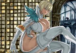 Rule 34 | 1girl, blonde hair, bob cut, boots, breast press, breasts, capcom, cleavage, dark skin, devil may cry (series), devil may cry 4, gloria (devil may cry), gloves, huge breasts, impossible clothes, indoors, looking at viewer, no panties, revealing clothes, shibire hitsuji, sitting, tagme, thigh boots, thighhighs, white footwear, white gloves, white hair