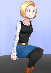 Rule 34 | 1girl, @ @, absurdres, android 18, bandaged arm, bandages, belt, biku, black pantyhose, black shirt, blonde hair, blue eyes, blue skirt, boots, breasts, brown footwear, clenched teeth, collarbone, dragon ball, dragonball z, female focus, have to pee, highres, legs together, miniskirt, pantyhose, pencil skirt, shirt, short hair, sitting, skirt, sleeveless, sleeveless shirt, small breasts, solo, sweat, tank top, teeth, trembling