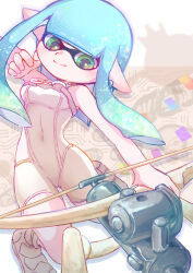 Rule 34 | 1girl, absurdres, agent 8 (splatoon), agent 8 (splatoon) (cosplay), blue hair, bodysuit, bow (weapon), closed mouth, commentary request, cosplay, green eyes, highres, holding, holding bow (weapon), holding weapon, inkling, inkling girl, inkling player character, long hair, nintendo, order stringer (splatoon), pointy ears, sleeveless, sleeveless bodysuit, smile, solo, splatoon (series), splatoon 3, splatoon 3: side order, tako maru yeah, tentacle hair, weapon, white background, white bodysuit