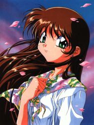Rule 34 | 1990s (style), 1girl, blue seed, brown hair, can, earrings, fujimiya momiji, green eyes, jewelry, long hair, official art, petals, retro artstyle, scarf, smile, solo