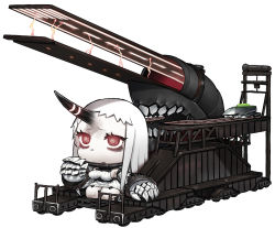 Rule 34 | 10s, 1girl, abua, abyssal ship, cannon, chibi, claws, horns, kantai collection, magnetic weapon, railgun, red eyes, seaport princess, single horn, weapon, white hair