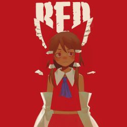 Rule 34 | 1girl, ascot, blue ascot, blush, bow, brown hair, closed mouth, detached sleeves, frilled bow, frills, gretia, hair bow, hair tubes, hakurei reimu, red background, red eyes, red shirt, red skirt, red theme, shirt, simple background, skirt, sleeveless, sleeveless shirt, solo, touhou