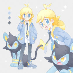 Rule 34 | 1boy, :d, ahoge, akasaka (qv92612), alternate costume, blonde hair, blue jacket, clemont (pokemon), collared shirt, color guide, commentary request, creatures (company), game freak, gen 4 pokemon, glasses, grey background, grey footwear, grey pants, hand up, highres, holding, holding poke ball, hood, hood down, jacket, luxio, male focus, medium hair, multiple views, necktie, nintendo, open clothes, open jacket, open mouth, pants, poke ball, pokemon, pokemon (creature), pokemon xy, round eyewear, shirt, shoes, smile, sparkle, tongue, white shirt
