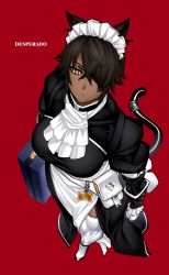 1girl, absurdres, animal ears, apron, barcode, belt pouch, black dress, black tail, breasts, briefcase, brown hair, cat ears, cat tail, clenched hand, copyright name, cravat, dark skin, dark skinned female, desperado (yotaro), dress, eyeliner, eyepatch, foreshortening, from above, gloves, highres, large breasts, long dress, maid, maid headdress, makeup, mao (yotaro), muscular, muscular female, name tag, one-eyed, pouch, red background, short hair, side slit, slit pupils, solo, standing, tail, taut clothes, taut dress, thick thighs, thighhighs, thighs, waist apron, white gloves, white legwear, wrist cuffs, yellow eyes, yotaro