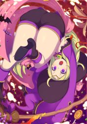 Rule 34 | 1girl, ass, bad id, bad pixiv id, bat (animal), blonde hair, blush stickers, book, boots, breasts, broom, candy, circlet, dated, detached sleeves, fire emblem, fire emblem awakening, fire emblem heroes, food, halloween, halloween costume, hat, heart pendant, highres, lollipop, long hair, looking at viewer, merunyaa, nintendo, nowi (fire emblem), open mouth, patreon username, pixiv username, pointy ears, purple eyes, purple footwear, sash, short shorts, shorts, signature, sleeves past wrists, small breasts, solo, sparkle, thighs, upside-down, wide sleeves, witch hat
