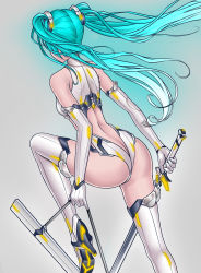 Rule 34 | 1girl, aqua hair, ass, back, bare shoulders, bodysuit, butt crack, elbow gloves, from behind, gloves, hatsune miku, high heels, highres, katana, leotard, long hair, scabbard, sheath, solo, sword, thighhighs, tipyhoho, twintails, vocaloid, weapon, white thighhighs