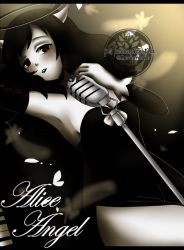 Rule 34 | 1girl, alice (bendy and the ink machine), armpits, bare shoulders, bendy and the ink machine, black eyes, black hair, breasts, dress, gloves, halo, horns, lipstick, long hair, looking at viewer, microphone