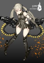 Rule 34 | 1girl, absurdres, ammunition belt, armband, bare shoulders, black background, black dress, black gloves, black hair, black thighhighs, blush, breasts, character name, closed mouth, clothing cutout, destroyer (girls&#039; frontline), dress, full body, girls&#039; frontline, gloves, gradient background, grey background, gun, hair between eyes, hair ornament, highres, long hair, looking at viewer, machine gun, medium breasts, multicolored hair, sangvis ferri, side cutout, sidelocks, silver hair, sleeveless, sleeveless dress, smile, solo, streaked hair, teruru (pixiv 6148103), thighhighs, twintails, v-shaped eyebrows, weapon