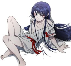 Rule 34 | 1boy, alternate hair length, alternate hairstyle, bad id, bad twitter id, barefoot, black hair, closed mouth, collarbone, eyeshadow, genshin impact, highres, japanese clothes, long hair, looking at viewer, makeup, male focus, multicolored hair, pale skin, pillosopi, purple eyes, purple hair, red eyeshadow, scaramouche (genshin impact), simple background, sitting, solo, twitter username, very long hair, white background