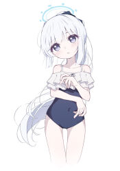 Rule 34 | 1girl, bare arms, bare legs, bare shoulders, black one-piece swimsuit, blue archive, blue halo, blush, casual one-piece swimsuit, covered navel, cowboy shot, cram960, cropped legs, frilled one-piece swimsuit, frills, grey hair, halo, highres, long hair, looking at viewer, miyako (blue archive), miyako (swimsuit) (blue archive), off-shoulder one-piece swimsuit, off shoulder, official alternate costume, official alternate hairstyle, one-piece swimsuit, open mouth, ponytail, purple eyes, simple background, solo, swimsuit, white background