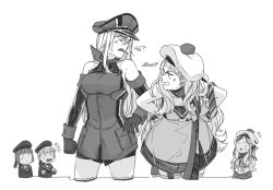 Rule 34 | 5girls, anger vein, beret, bismarck (kancolle), cigarette, commandant teste (kancolle), commentary request, cowboy shot, detached sleeves, dress, greyscale, hands on own hips, hat, kantai collection, long hair, mole, mole under eye, monochrome, multicolored clothes, multicolored scarf, multiple girls, peaked cap, pom pom (clothes), richelieu (kancolle), scarf, standing, strapless, strapless dress, thighhighs, translation request, two-tone dress, two-tone gloves, weidashming, z1 leberecht maass (kancolle), z3 max schultz (kancolle)