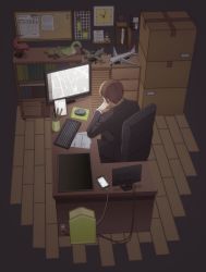 Rule 34 | 10s, 1boy, analog clock, black jacket, board, book, bookshelf, box, brown hair, cabinet, calendar (object), cardboard box, cellphone, chair, charging device, clock, crescent, cup, dark, electrical outlet, floor, formal, from above, hourglass, indoors, itou (mogura), jacket, computer keyboard, lonely, long sleeves, male focus, model, monitor, computer mouse, mousepad, mousepad (object), mug, ninomiya masataka, office, office chair, paper, phone, running bond, sitting, solo, stuffed dinosaur, suit, swivel chair, wooden floor, world trigger