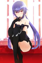 Rule 34 | 1girl, :p, artist request, bare shoulders, black gloves, black thighhighs, collarbone, frame arms girl, gloves, highres, long hair, looking at viewer, mecha musume, microskirt, panties, purple hair, red eyes, skirt, stylet, thighhighs, tongue, tongue out, twintails, underwear, very long hair