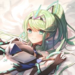 Rule 34 | 1girl, armor, breasts, gem, green eyes, green hair, hair ornament, headpiece, highres, horn ornament, horns, jewelry, large breasts, long hair, luli ovo, lying, nintendo, pneuma (xenoblade), ponytail, single horn, smile, solo, swept bangs, tiara, very long hair, xenoblade chronicles (series), xenoblade chronicles 2
