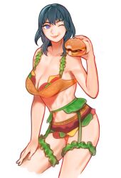 1girl blue_eyes blue_hair breasts burger byleth_(female)_(fire_emblem) byleth_(fire_emblem) cleavage clothing_request commentary fire_emblem fire_emblem:_three_houses food food_bite highres holding holding_burger holding_food large_breasts nintendo one_eye_closed radiostarkiller smile