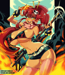 Rule 34 | 1girl, absurdres, belt, bikini, bikini top only, blush, breasts, explosion, gerph, gloves, gun, highres, large breasts, ponytail, red hair, rifle, scarf, shorts, sniper rifle, sunglasses, swimsuit, tengen toppa gurren lagann, thighhighs, thighs, tongue, tongue out, weapon, wide hips, yellow eyes, yoko littner