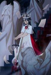 Rule 34 | 1girl, absurdres, black eyes, black hair, blood, blood on clothes, bloody clothes, bloody dress, closed mouth, commentary, crown, dress, erchongbaojun, hair between eyes, highres, long hair, looking at viewer, original, paper, red ribbon, ribbon, royal robe, sleeveless, sleeveless dress, solo, stairs, standing, statue, sword, symbol-only commentary, weapon, white dress