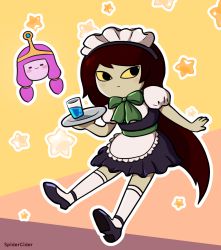 Rule 34 | 2girls, adventure time, alternate costume, black hair, blush stickers, circlet, colored sclera, colored skin, cup, drinking glass, enmaided, full body, green neckwear, highres, long hair, looking at viewer, maid, maid headdress, multiple girls, outline, pink hair, pink skin, princess bonnibel bubblegum, puffy short sleeves, puffy sleeves, shoes, shoko (adventure time), short sleeves, simple background, socks, spiderciderko, star (symbol), tagme, tray, very long hair, water, white legwear, white outline, yellow background, yellow sclera