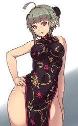 Rule 34 | 1girl, ahoge, braid, breasts, bun cover, china dress, chinese clothes, double bun, dress, grey hair, hand on own hip, houtengeki, large breasts, looking at viewer, no panties, original, red eyes, short hair, sleeveless, solo, wide hips