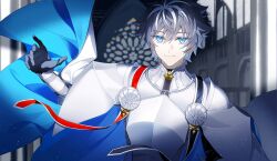 Rule 34 | 1boy, absurdres, armor, black hair, blue cloak, blue eyes, cape, charlemagne (fate), cloak, closed mouth, fate/grand order, fate (series), gloves, hair between eyes, highres, idass (idass16), looking at viewer, male focus, multicolored hair, short hair, smile, solo, streaked hair, two-sided cape, two-sided fabric, two-tone hair, upper body, white hair