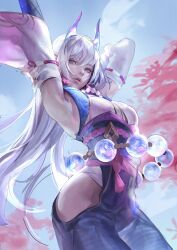 Rule 34 | 1girl, absurdres, bead belt, bead necklace, beads, breasts, cloud, day, detached sleeves, earrings, grey kimono, highres, hip vent, horns, japanese clothes, jewelry, kassian art, kimono, league of legends, long hair, medium breasts, necklace, official alternate costume, outdoors, parted lips, rope belt, sky, solo, spirit blossom (league of legends), spirit blossom syndra, syndra, tassel, tassel earrings, white hair, wide sleeves