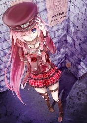 Rule 34 | 1girl, axe, blue eyes, boots, dying0414, flower, from above, hat, highres, ia (vocaloid), jewelry, long hair, looking at viewer, miniskirt, necklace, one eye closed, pink hair, plaid, plaid skirt, poster, shadow, single thighhigh, skirt, solo, thigh gap, thighhighs, very long hair, vocaloid, voiceroid, wanted, weapon, wink, yuzuki yukari