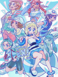 Rule 34 | 3boys, 3girls, :d, alternate color, anklet, bike shorts, blonde hair, blue eyes, blue shorts, blush, bracelet, brown eyes, brown hair, burgh (pokemon), chromatic aberration, clenched hand, commentary request, creatures (company), elio (pokemon), eyelashes, game freak, gen 4 pokemon, glaceon, gloves, green eyes, green hair, green jacket, hairband, hand up, haraya, hat, hilbert (pokemon), irida (pokemon), jacket, jewelry, kris (pokemon), looking at viewer, looking down, multiple boys, multiple girls, nintendo, open clothes, open jacket, open mouth, outstretched arm, pink headwear, pokemon, pokemon (creature), pokemon masters ex, sash, shirt, shoes, short hair, shorts, sidelocks, skyla (pokemon), smile, sparkle, strapless, strapless shirt, striped clothes, striped shirt, teeth, waist cape, white footwear, white hairband, white headwear, white shirt