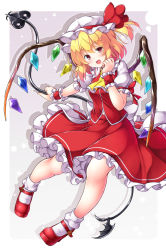 Rule 34 | 1girl, :d, aka tawashi, ascot, blonde hair, blush, border, bow, commentary request, crystal, drop shadow, flandre scarlet, frilled shirt collar, frills, full body, grey background, hair between eyes, hand up, hat, hat bow, head tilt, high heels, highres, holding, laevatein, looking at viewer, mary janes, mob cap, one side up, open mouth, outside border, petticoat, platform footwear, puffy short sleeves, puffy sleeves, red bow, red eyes, red footwear, red skirt, red vest, shirt, shoes, short hair, short sleeves, skirt, skirt set, smile, socks, solo, touhou, vest, white border, white hat, white shirt, white socks, wings, wrist cuffs, yellow ascot